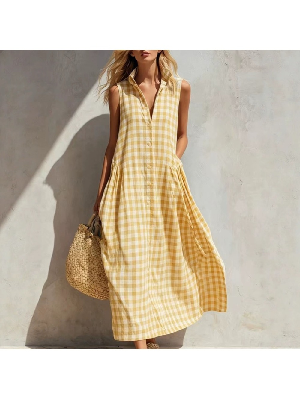 GAP Yellow Gingham Button-Front Midi Dress